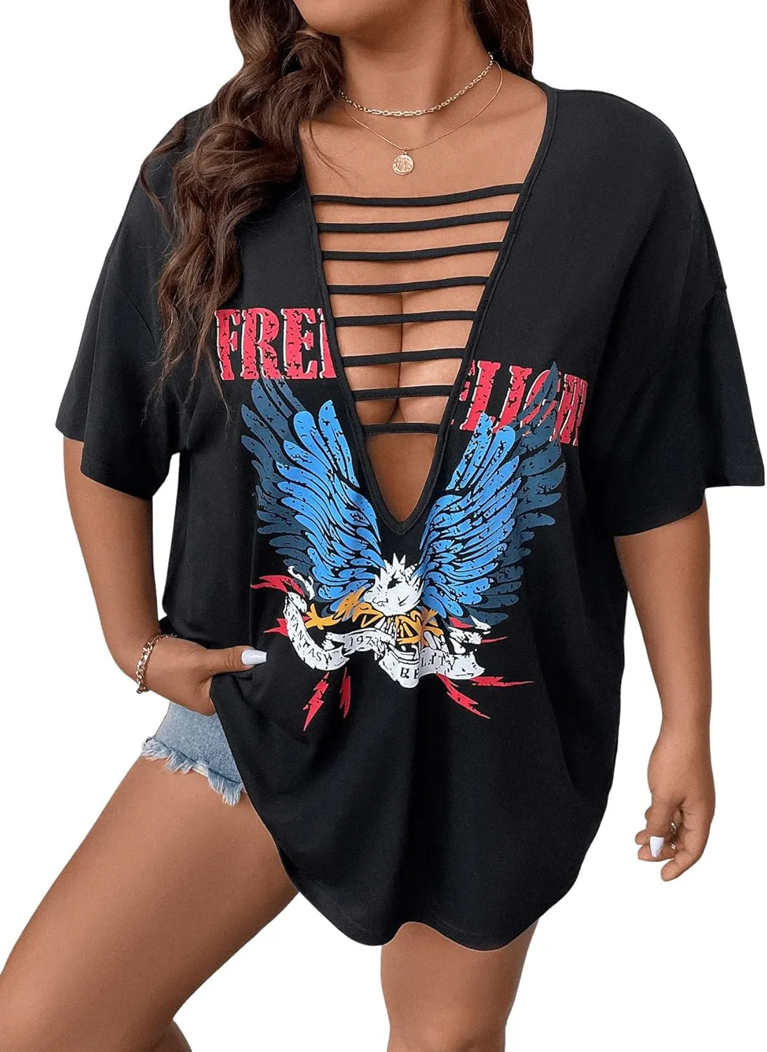 SOLY HUX Women's Plus Size Letter Graphic Tees Cut Out Deep V Neck Half Sleeve T Shirts Tops