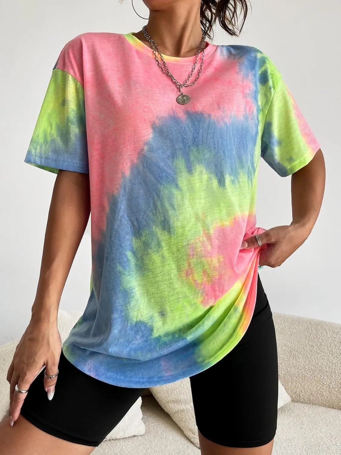 SOLY HUX Women's Tie Dye Shirt Short Sleeve Round Neck Tees Casual T Shirts Summer Tops