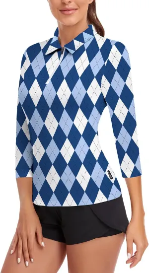 Soneven Womens 3/4 Sleeve Golf Shirts Moisture Wicking Long Sleeve Golf Polo Shirts UPF50  Tennis Tops