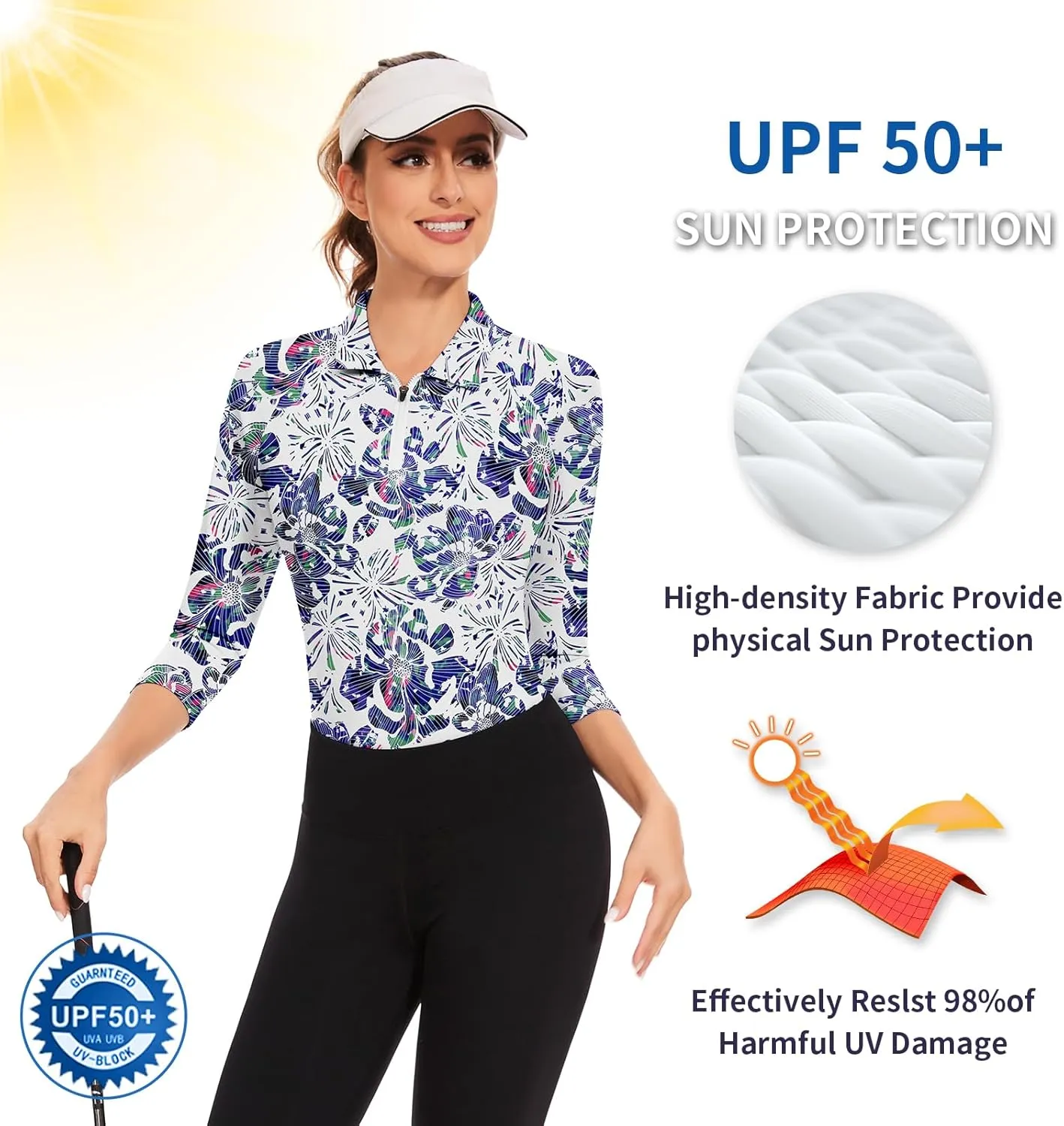 Soneven Womens 3/4 Sleeve Golf Shirts Moisture Wicking Long Sleeve Golf Polo Shirts UPF50  Tennis Tops