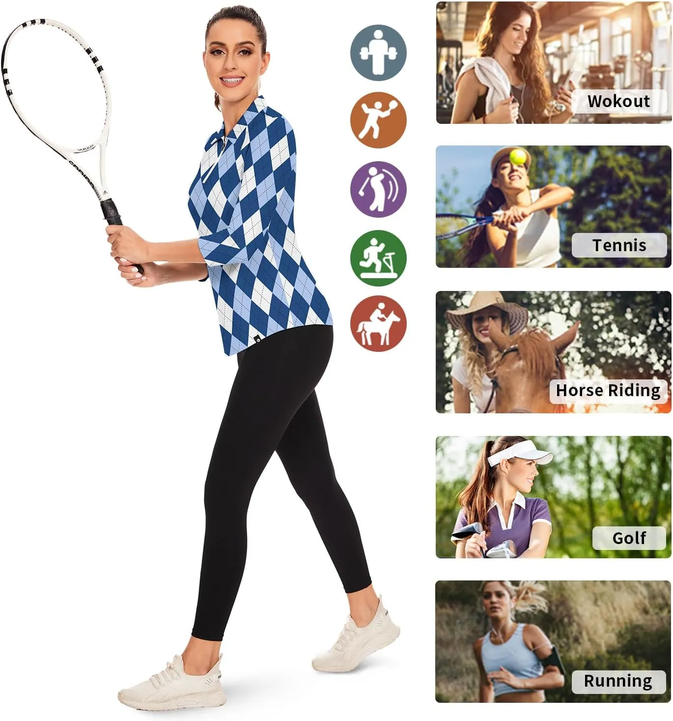 Soneven Womens 3/4 Sleeve Golf Shirts Moisture Wicking Long Sleeve Golf Polo Shirts UPF50  Tennis Tops