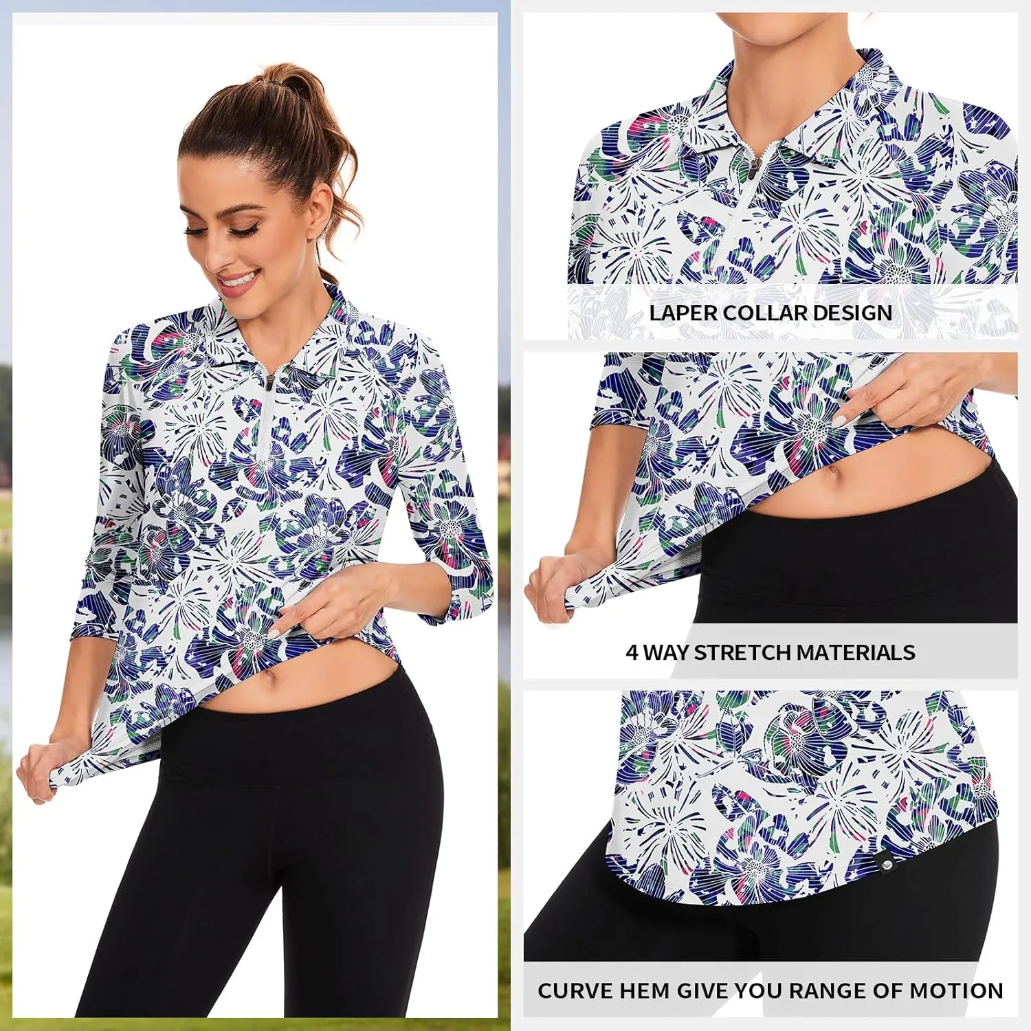 Soneven Womens 3/4 Sleeve Golf Shirts Moisture Wicking Long Sleeve Golf Polo Shirts UPF50  Tennis Tops
