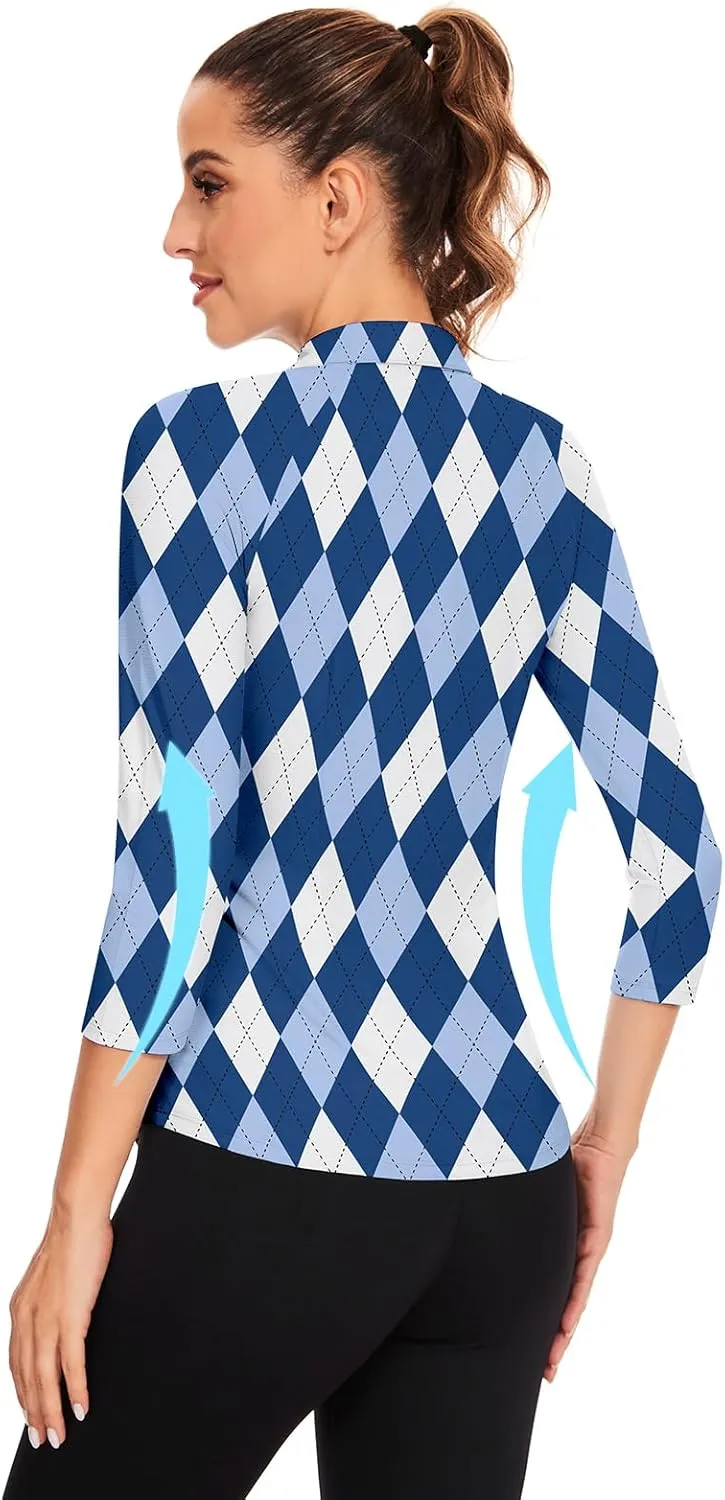 Soneven Womens 3/4 Sleeve Golf Shirts Moisture Wicking Long Sleeve Golf Polo Shirts UPF50  Tennis Tops