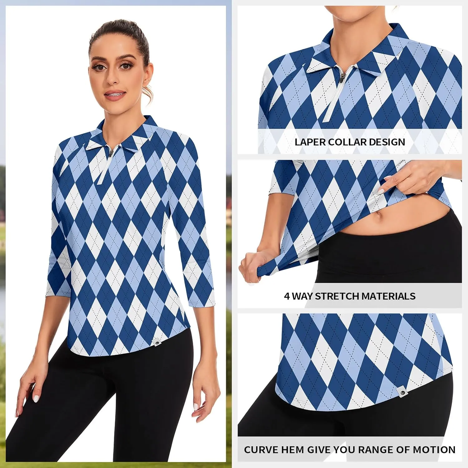 Soneven Womens 3/4 Sleeve Golf Shirts Moisture Wicking Long Sleeve Golf Polo Shirts UPF50  Tennis Tops