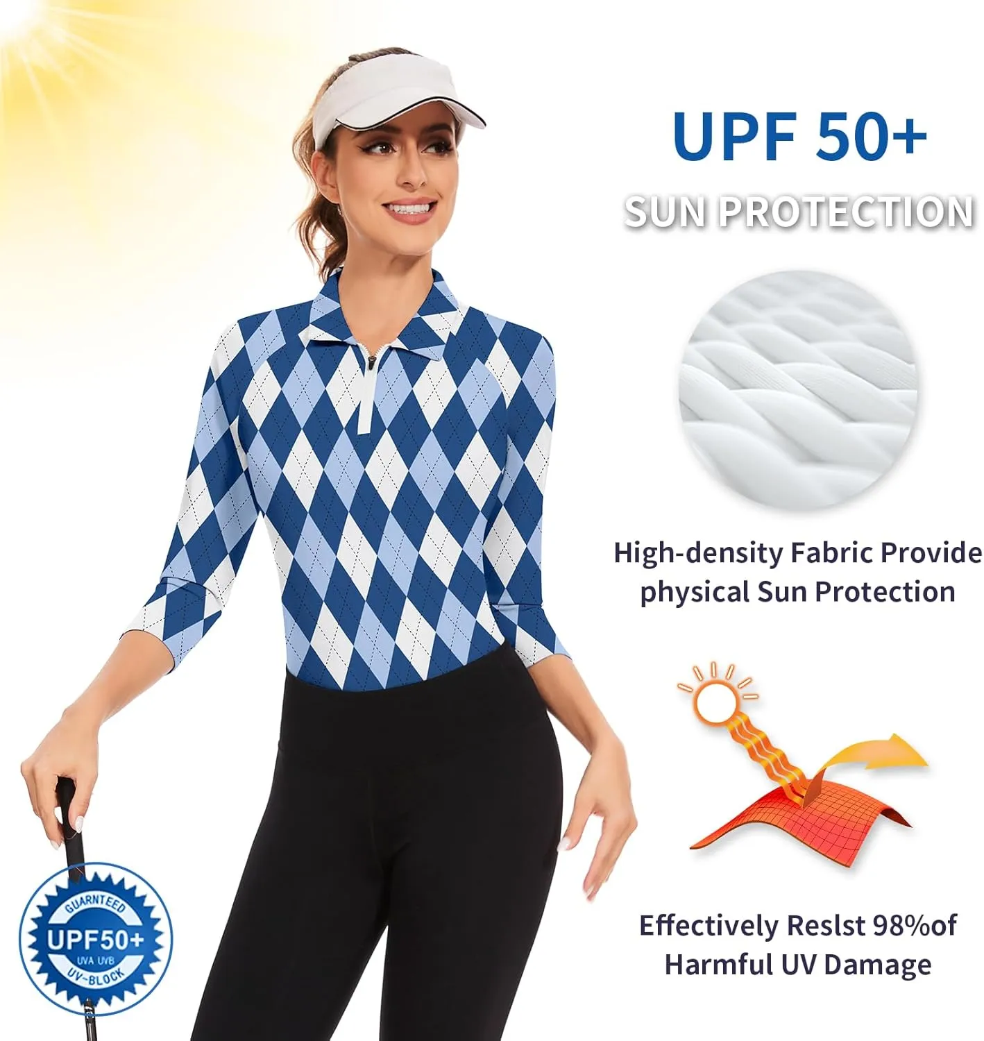 Soneven Womens 3/4 Sleeve Golf Shirts Moisture Wicking Long Sleeve Golf Polo Shirts UPF50  Tennis Tops