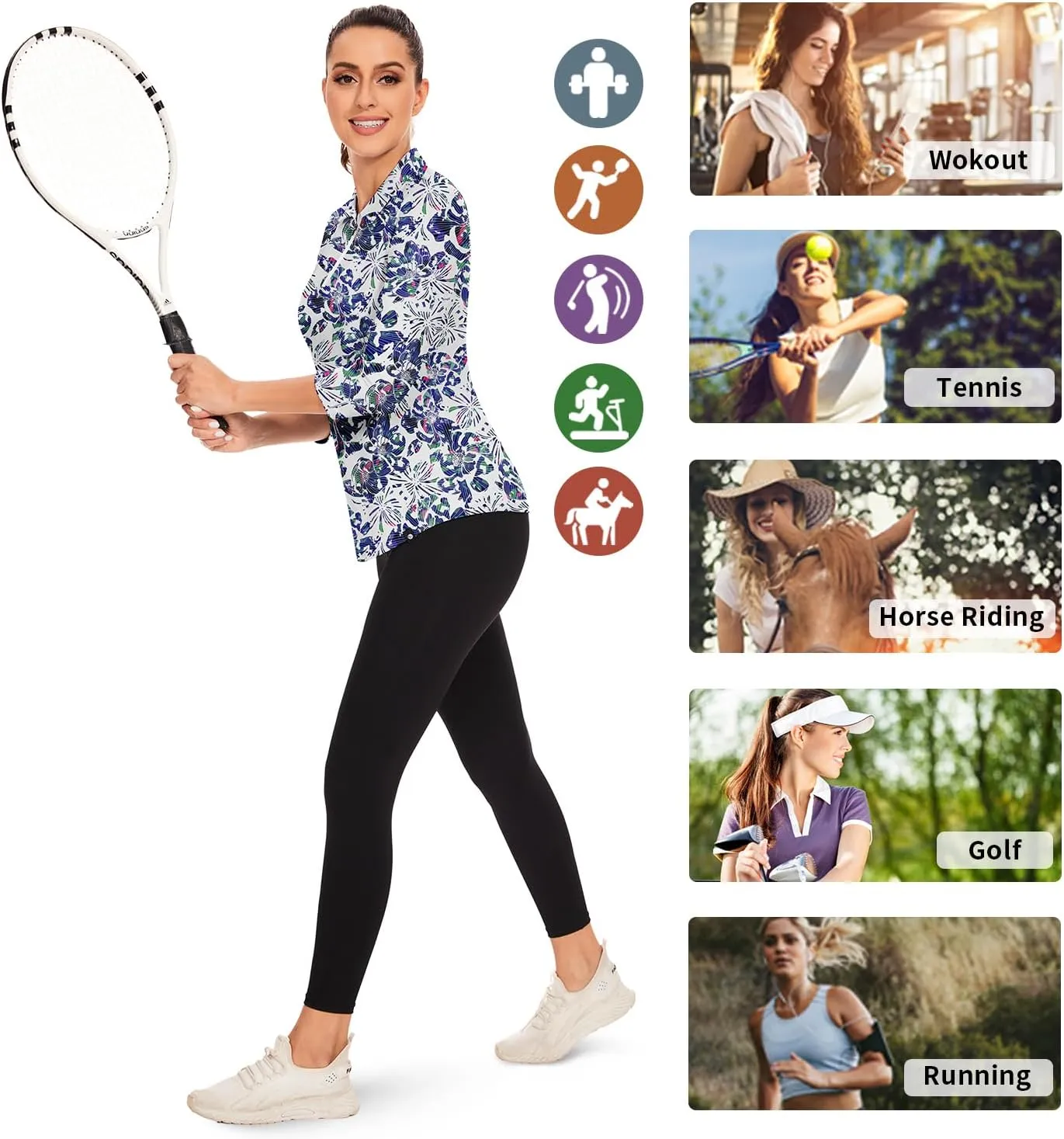Soneven Womens 3/4 Sleeve Golf Shirts Moisture Wicking Long Sleeve Golf Polo Shirts UPF50  Tennis Tops