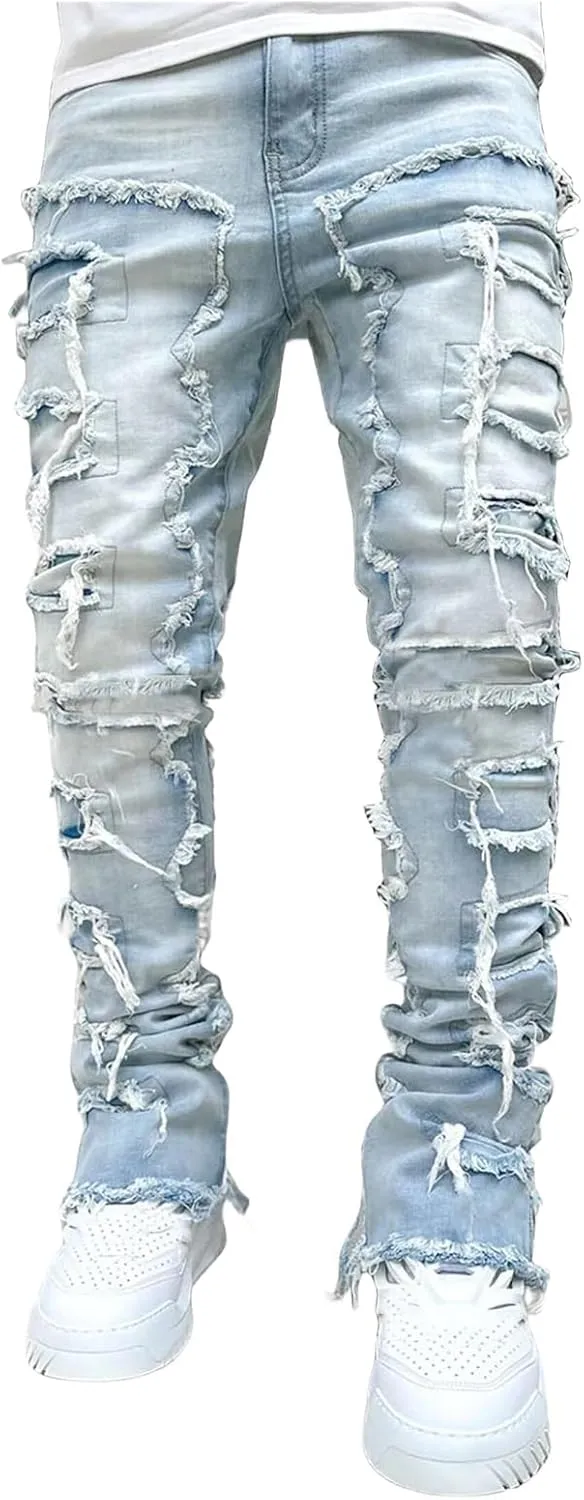 Stacked Jeans Men Straight Slim Fit Denim Pants Hip Hop Distressed Destroyed Denim Stretch Skinny Denim Pencil Pants