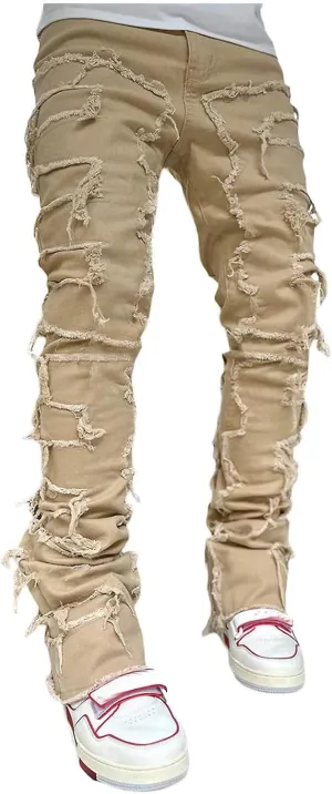 Stacked Jeans Men Straight Slim Fit Denim Pants Hip Hop Distressed Destroyed Denim Stretch Skinny Denim Pencil Pants