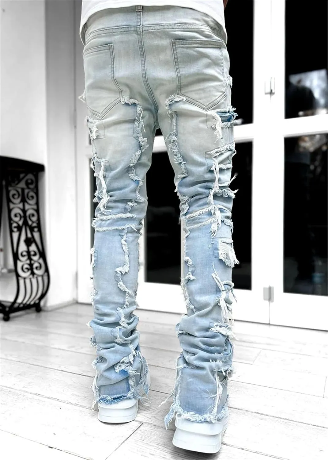 Stacked Jeans Men Straight Slim Fit Denim Pants Hip Hop Distressed Destroyed Denim Stretch Skinny Denim Pencil Pants