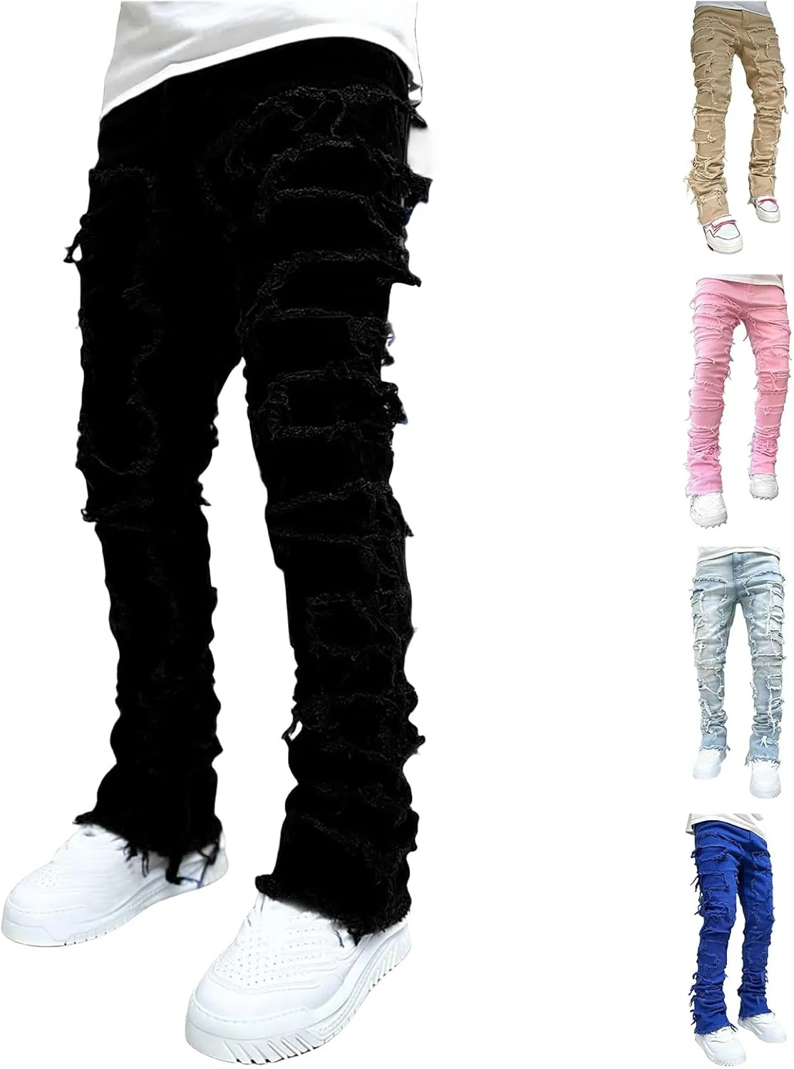 Stacked Jeans Men Straight Slim Fit Denim Pants Hip Hop Distressed Destroyed Denim Stretch Skinny Denim Pencil Pants