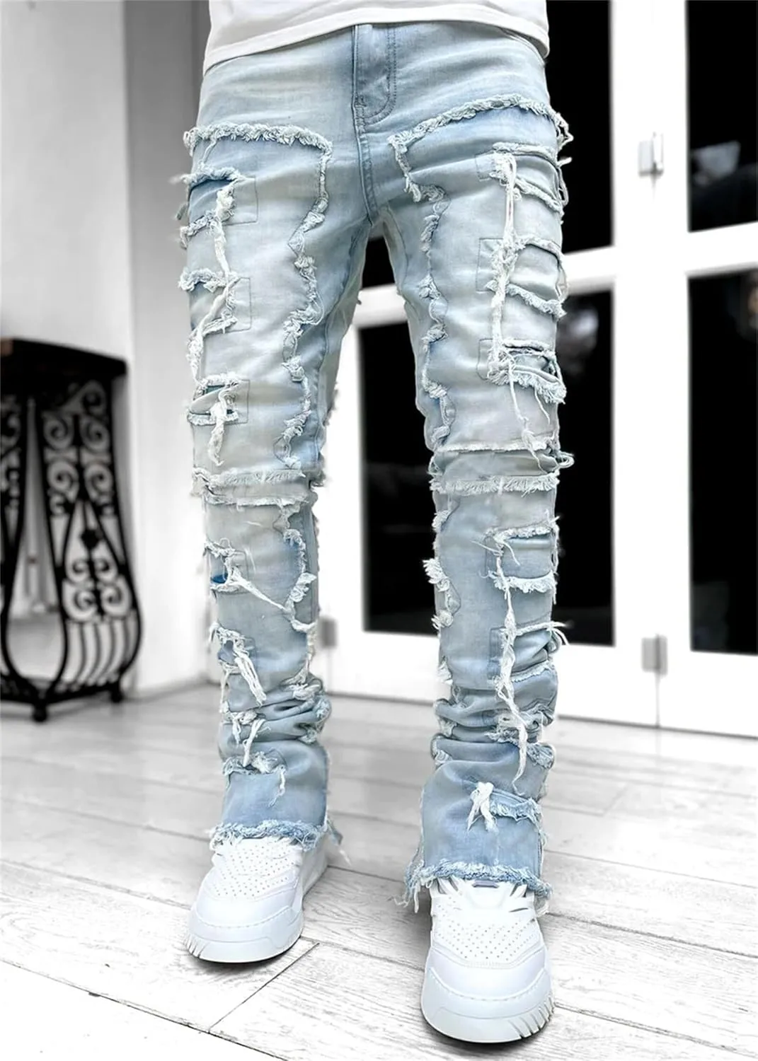 Stacked Jeans Men Straight Slim Fit Denim Pants Hip Hop Distressed Destroyed Denim Stretch Skinny Denim Pencil Pants