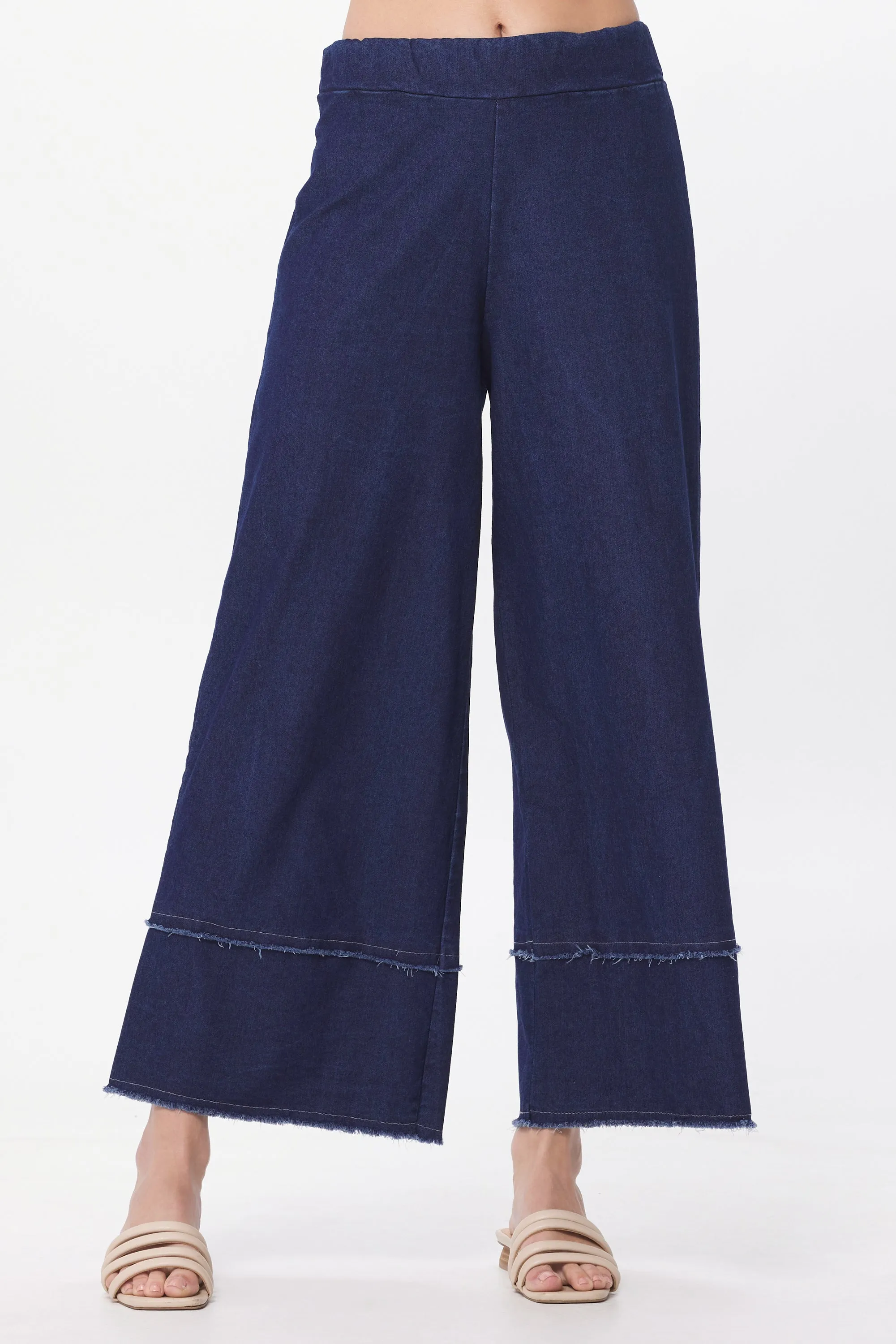 Stretch Denim Frayed Detail Palazzo Trousers