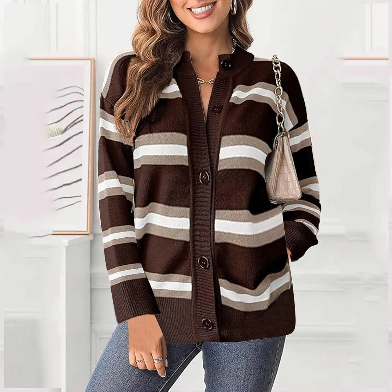 Striped Sweater Women 2024 Dressy Long Sleeve Button Down Crewneck Cropped Knit Cardigan Sweaters Casual Loose Coats