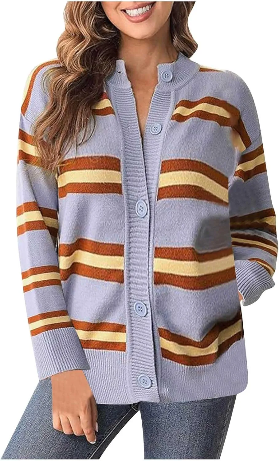 Striped Sweater Women 2024 Dressy Long Sleeve Button Down Crewneck Cropped Knit Cardigan Sweaters Casual Loose Coats
