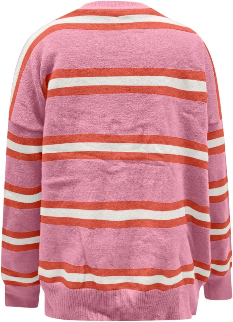 Striped Sweater Women 2024 Dressy Long Sleeve Button Down Crewneck Cropped Knit Cardigan Sweaters Casual Loose Coats