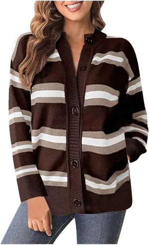 Striped Sweater Women 2024 Dressy Long Sleeve Button Down Crewneck Cropped Knit Cardigan Sweaters Casual Loose Coats