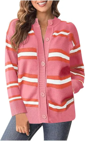 Striped Sweater Women 2024 Dressy Long Sleeve Button Down Crewneck Cropped Knit Cardigan Sweaters Casual Loose Coats