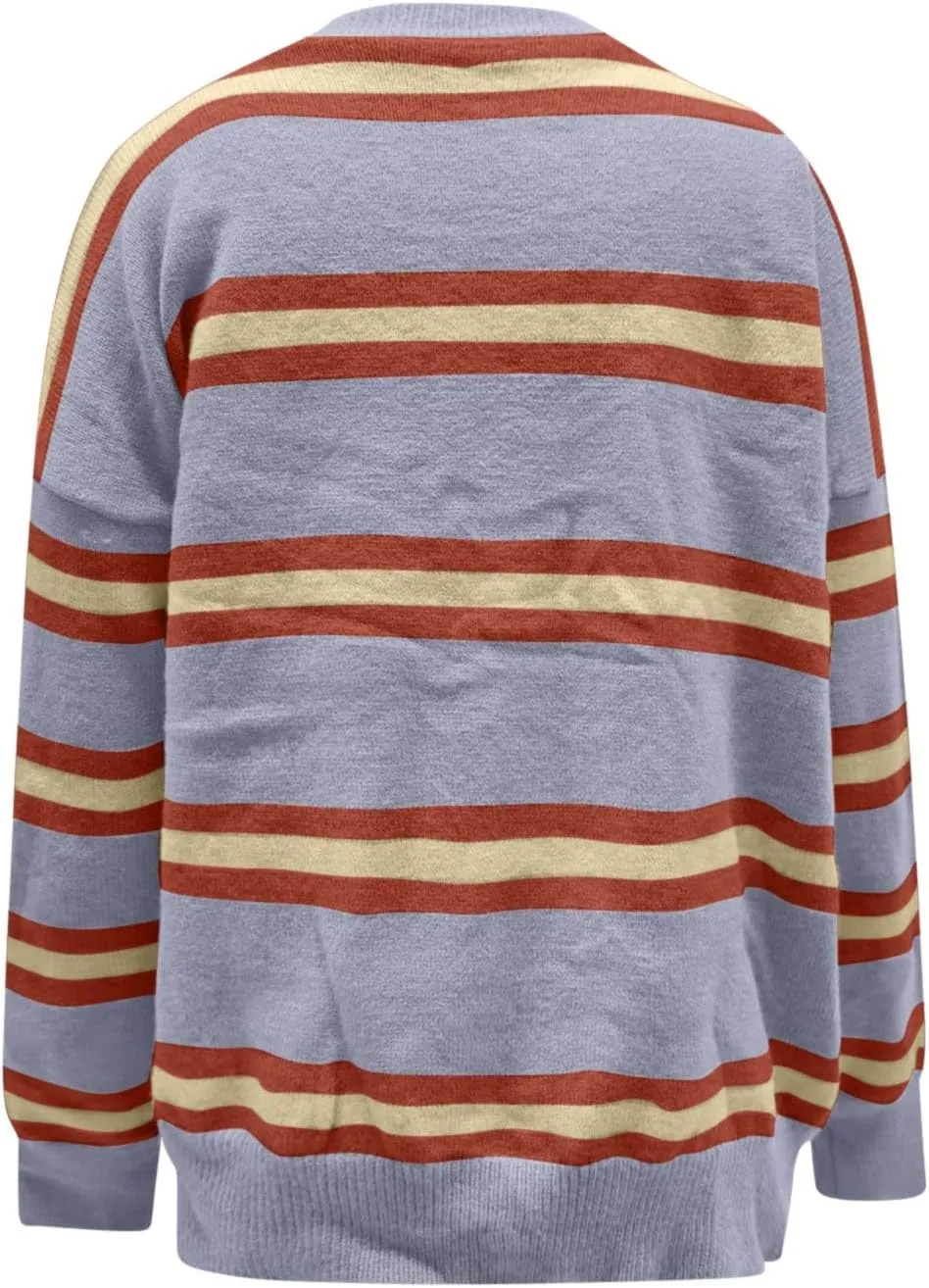 Striped Sweater Women 2024 Dressy Long Sleeve Button Down Crewneck Cropped Knit Cardigan Sweaters Casual Loose Coats