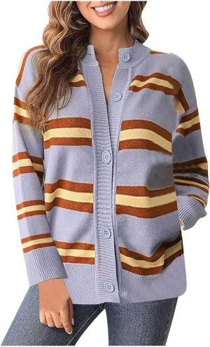 Striped Sweater Women 2024 Dressy Long Sleeve Button Down Crewneck Cropped Knit Cardigan Sweaters Casual Loose Coats