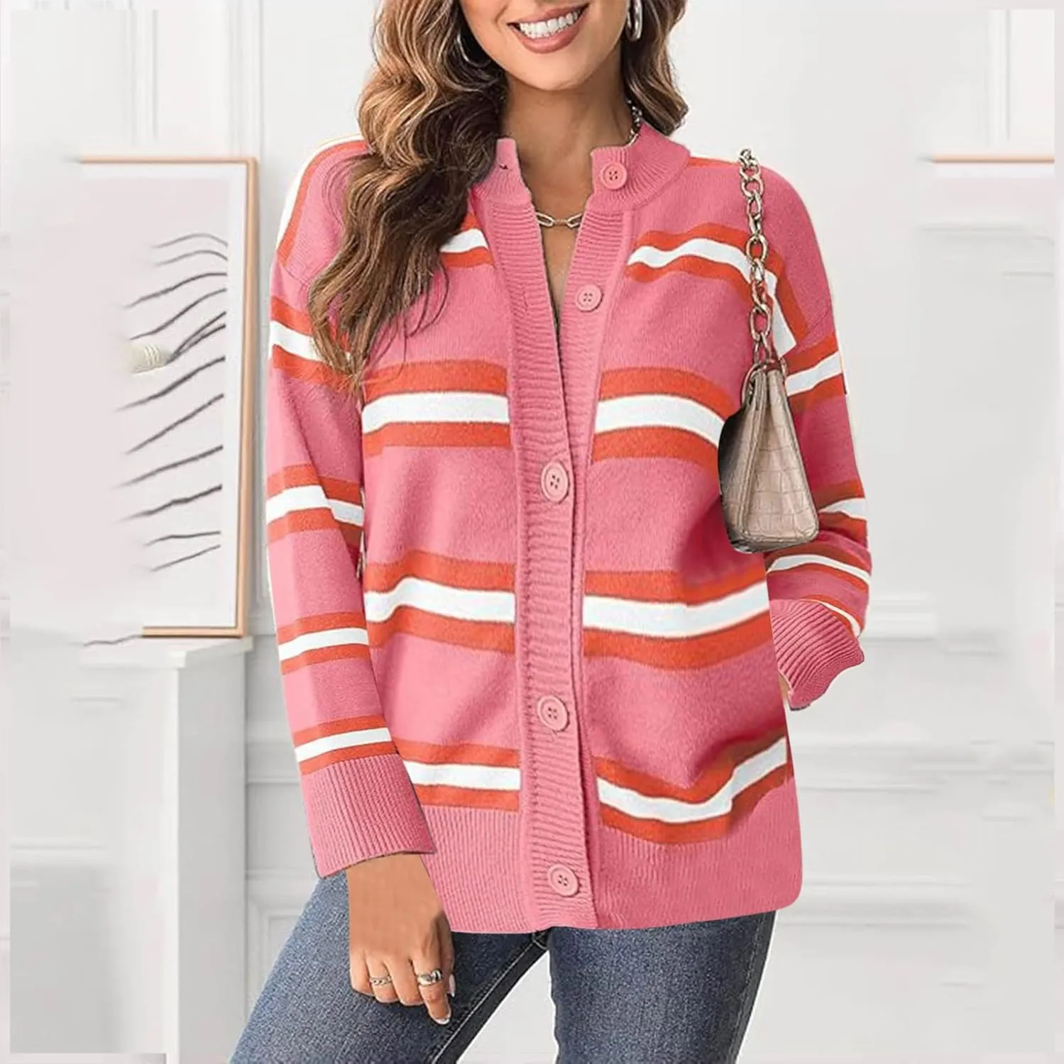 Striped Sweater Women 2024 Dressy Long Sleeve Button Down Crewneck Cropped Knit Cardigan Sweaters Casual Loose Coats