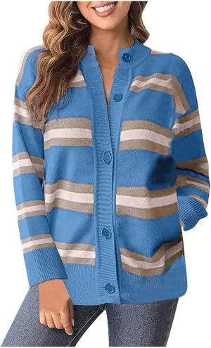 Striped Sweater Women 2024 Dressy Long Sleeve Button Down Crewneck Cropped Knit Cardigan Sweaters Casual Loose Coats