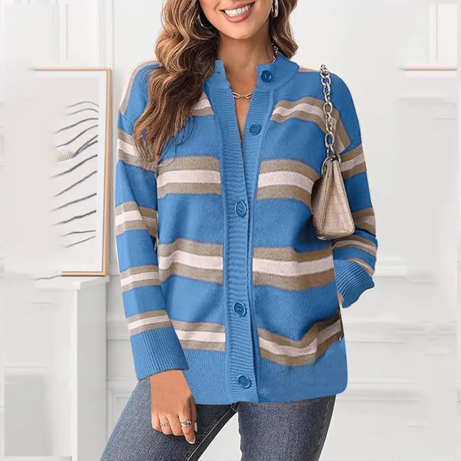Striped Sweater Women 2024 Dressy Long Sleeve Button Down Crewneck Cropped Knit Cardigan Sweaters Casual Loose Coats