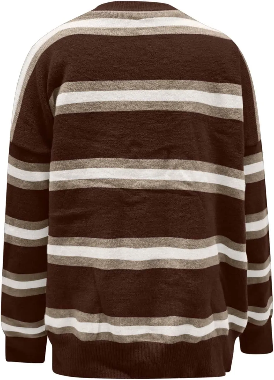 Striped Sweater Women 2024 Dressy Long Sleeve Button Down Crewneck Cropped Knit Cardigan Sweaters Casual Loose Coats