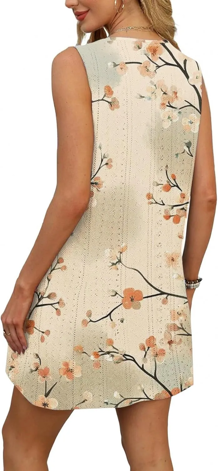 Summer Dresses for Women 2025 Beach T Shirt Dresses Sleeveless Floral Flowy Tshirt Tank Sundresses with Pocket