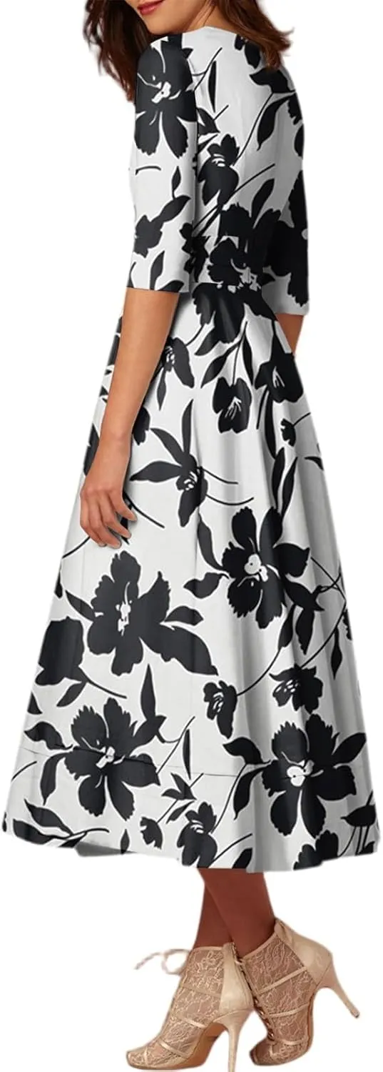 Summer Dresses for Women 2025 Floral Graphic V Neck Midi Dress Half Sleeve High Waist Swing Dress Sexy Evening Party Cocktail
