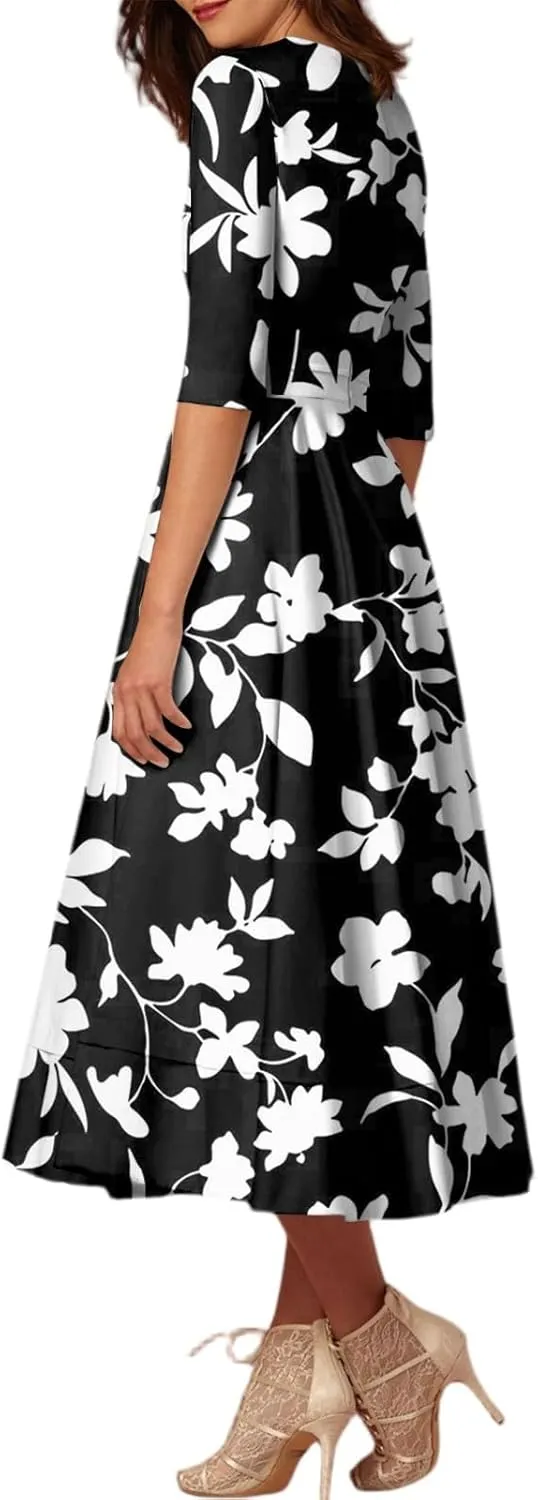 Summer Dresses for Women 2025 Floral Graphic V Neck Midi Dress Half Sleeve High Waist Swing Dress Sexy Evening Party Cocktail