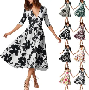 Summer Dresses for Women 2025 Floral Graphic V Neck Midi Dress Half Sleeve High Waist Swing Dress Sexy Evening Party Cocktail