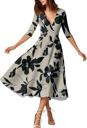 Summer Dresses for Women 2025 Floral Graphic V Neck Midi Dress Half Sleeve High Waist Swing Dress Sexy Evening Party Cocktail