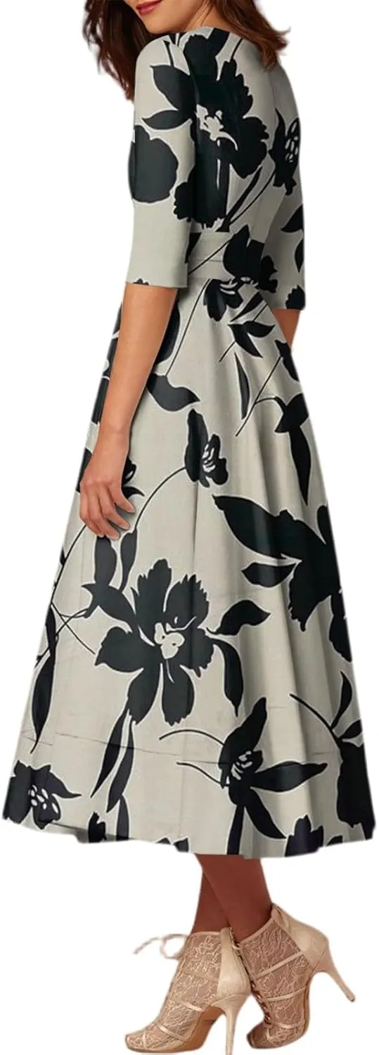Summer Dresses for Women 2025 Floral Graphic V Neck Midi Dress Half Sleeve High Waist Swing Dress Sexy Evening Party Cocktail
