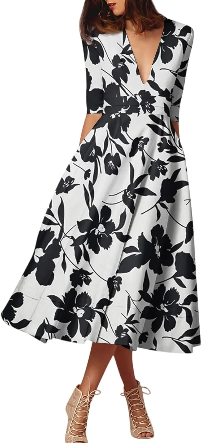 Summer Dresses for Women 2025 Floral Graphic V Neck Midi Dress Half Sleeve High Waist Swing Dress Sexy Evening Party Cocktail