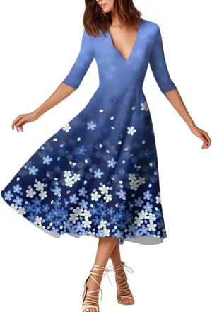 Summer Dresses for Women 2025 Floral Graphic V Neck Midi Dress Half Sleeve High Waist Swing Dress Sexy Evening Party Cocktail