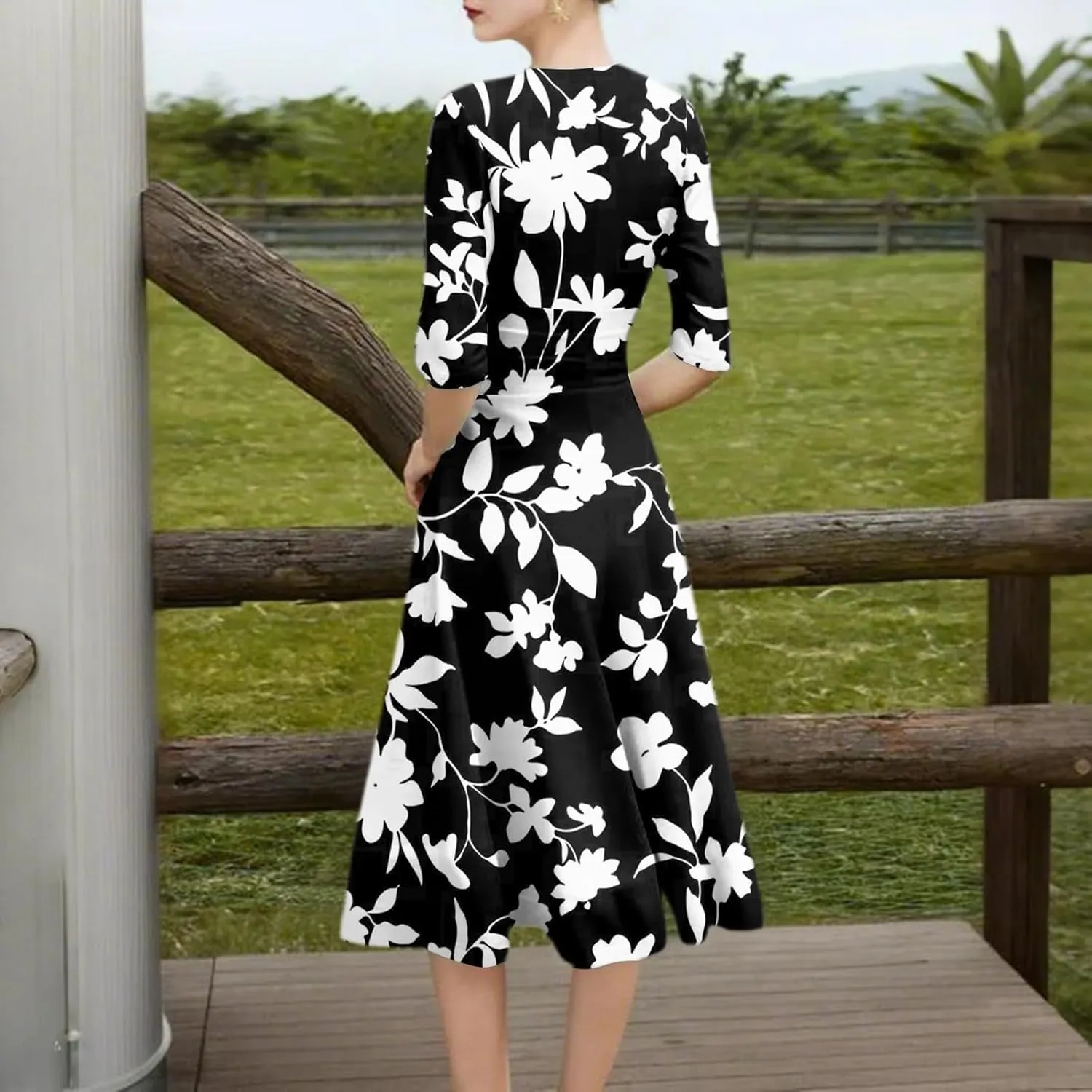 Summer Dresses for Women 2025 Floral Graphic V Neck Midi Dress Half Sleeve High Waist Swing Dress Sexy Evening Party Cocktail