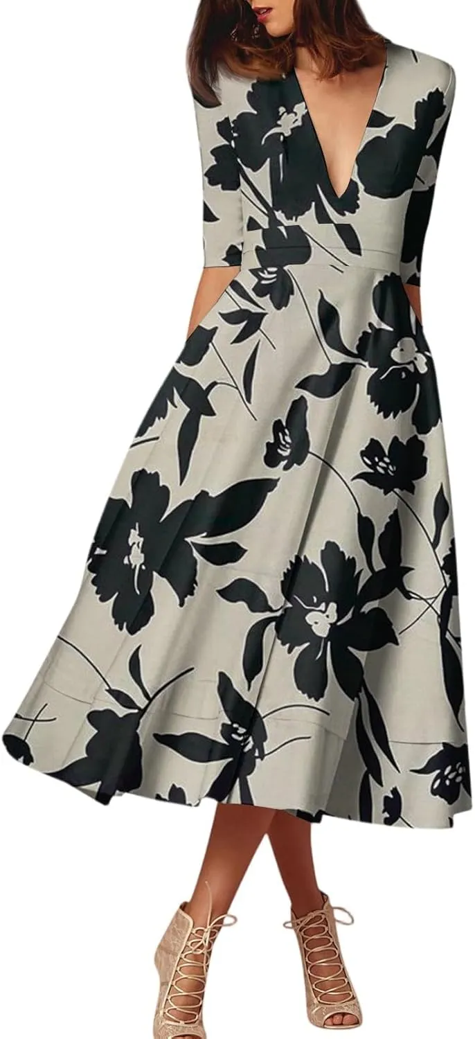 Summer Dresses for Women 2025 Floral Graphic V Neck Midi Dress Half Sleeve High Waist Swing Dress Sexy Evening Party Cocktail