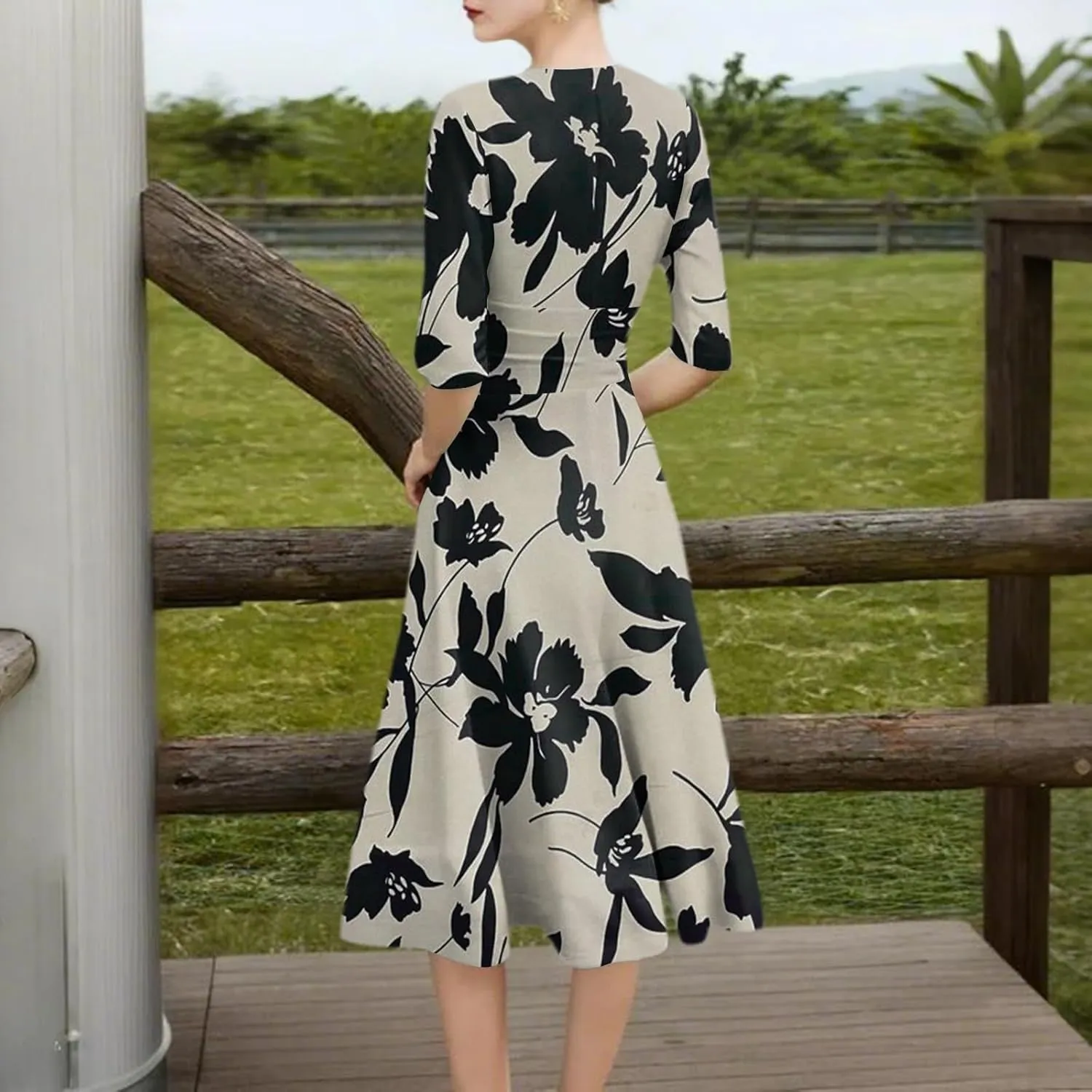 Summer Dresses for Women 2025 Floral Graphic V Neck Midi Dress Half Sleeve High Waist Swing Dress Sexy Evening Party Cocktail