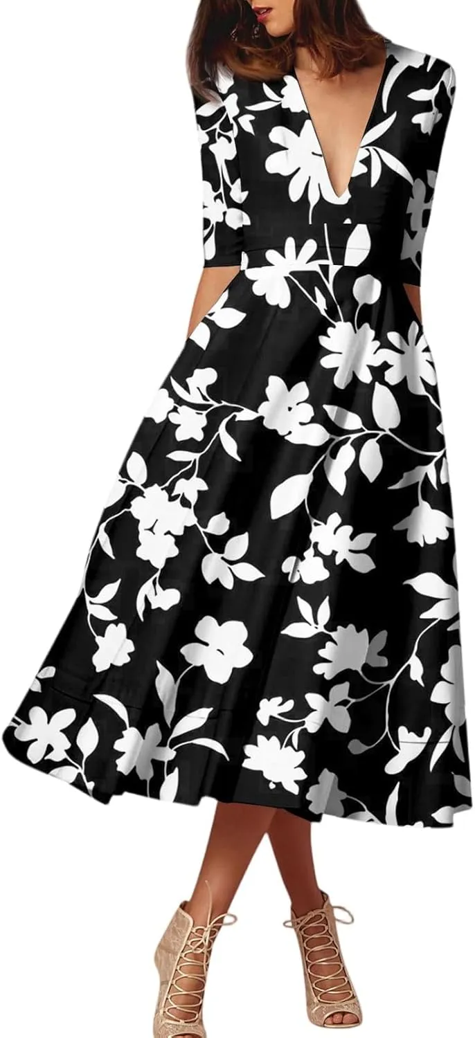 Summer Dresses for Women 2025 Floral Graphic V Neck Midi Dress Half Sleeve High Waist Swing Dress Sexy Evening Party Cocktail