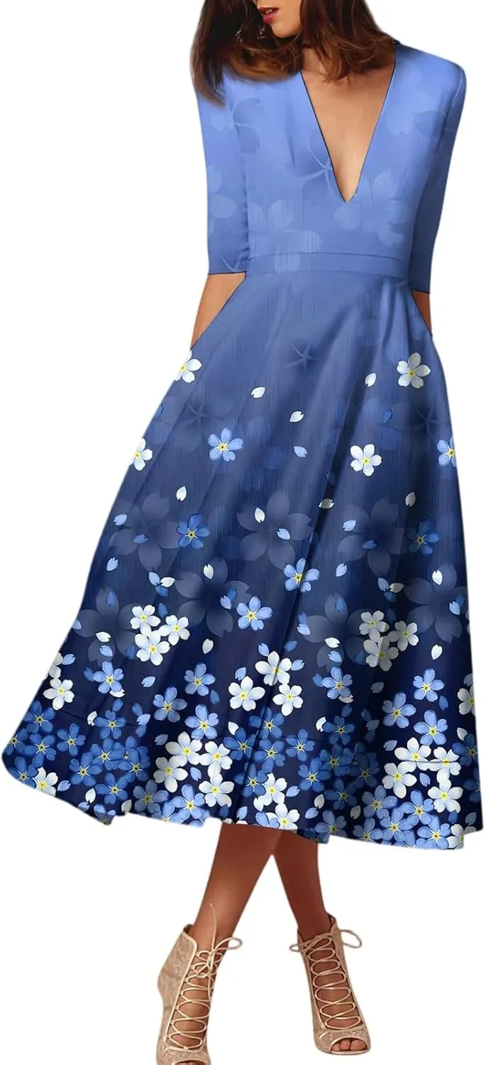 Summer Dresses for Women 2025 Floral Graphic V Neck Midi Dress Half Sleeve High Waist Swing Dress Sexy Evening Party Cocktail