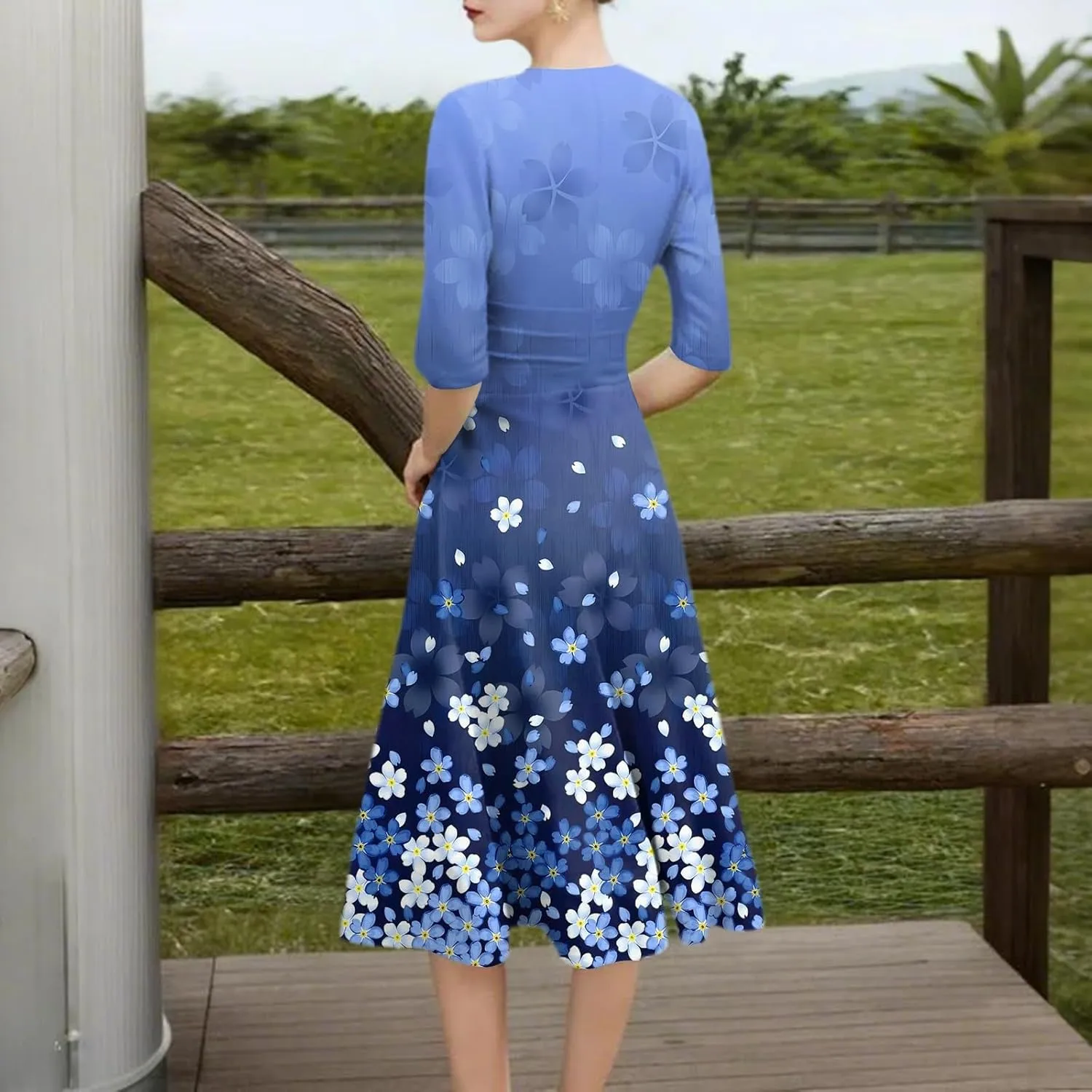 Summer Dresses for Women 2025 Floral Graphic V Neck Midi Dress Half Sleeve High Waist Swing Dress Sexy Evening Party Cocktail