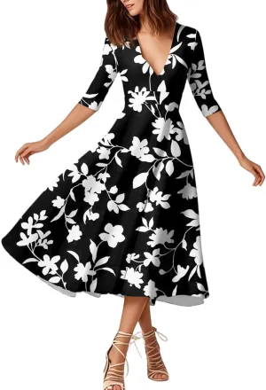 Summer Dresses for Women 2025 Floral Graphic V Neck Midi Dress Half Sleeve High Waist Swing Dress Sexy Evening Party Cocktail
