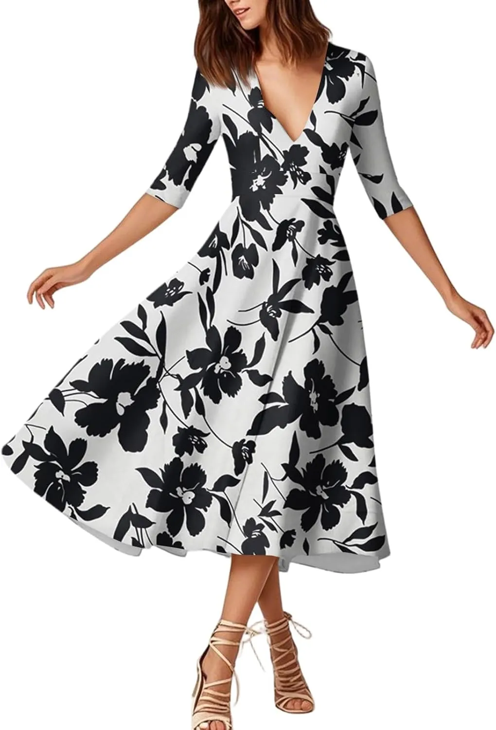 Summer Dresses for Women 2025 Floral Graphic V Neck Midi Dress Half Sleeve High Waist Swing Dress Sexy Evening Party Cocktail