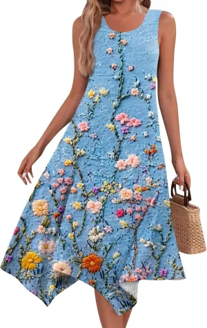 Summer Dresses for Women Summer Casual Beach Sundresses Flowy Hankerchief Hem Midi Tank Dresses Floral Sleeveless Dress