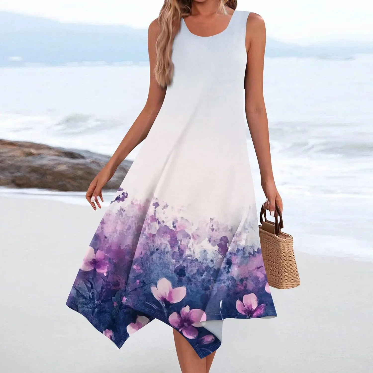 Summer Dresses for Women Summer Casual Beach Sundresses Flowy Hankerchief Hem Midi Tank Dresses Floral Sleeveless Dress