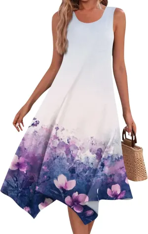 Summer Dresses for Women Summer Casual Beach Sundresses Flowy Hankerchief Hem Midi Tank Dresses Floral Sleeveless Dress