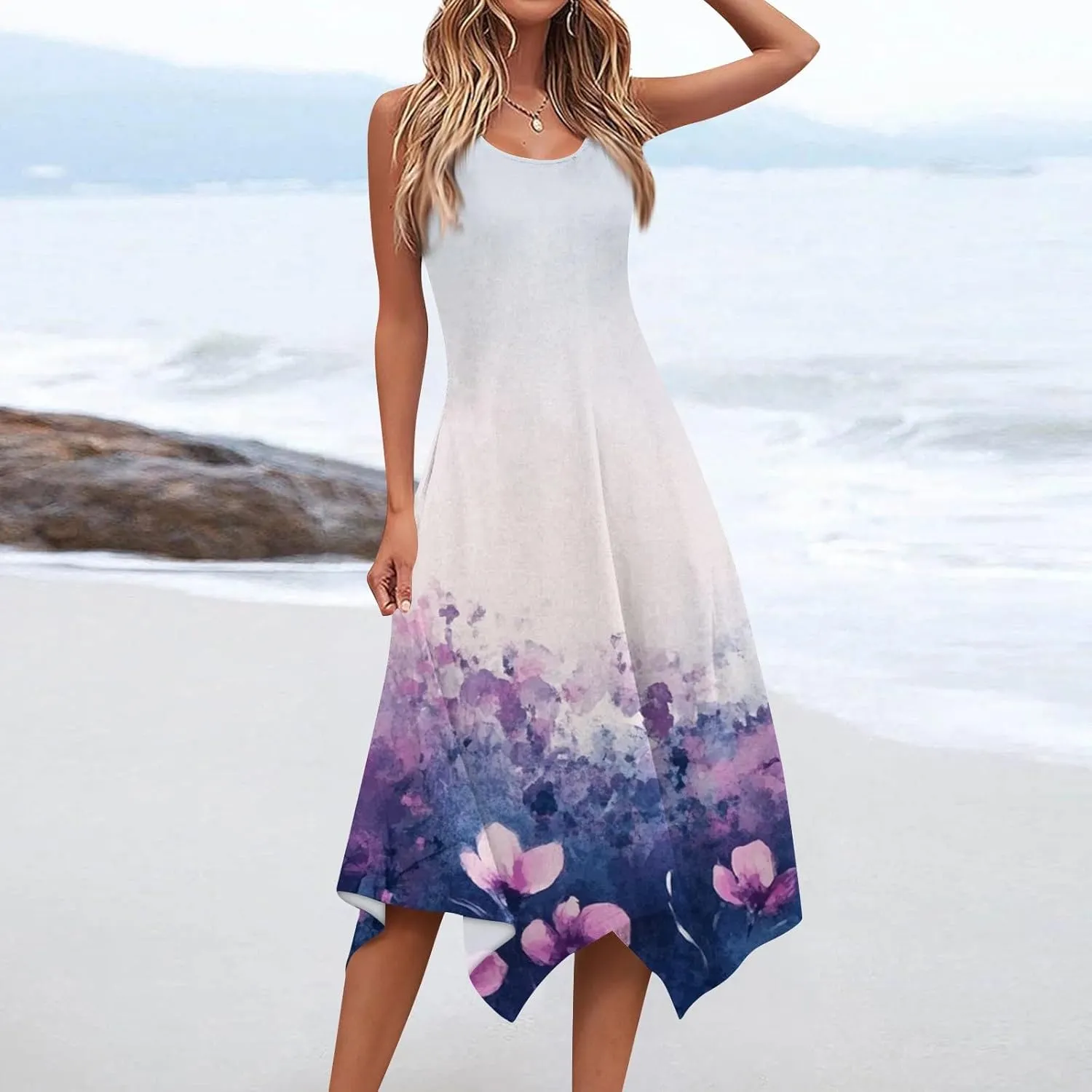 Summer Dresses for Women Summer Casual Beach Sundresses Flowy Hankerchief Hem Midi Tank Dresses Floral Sleeveless Dress