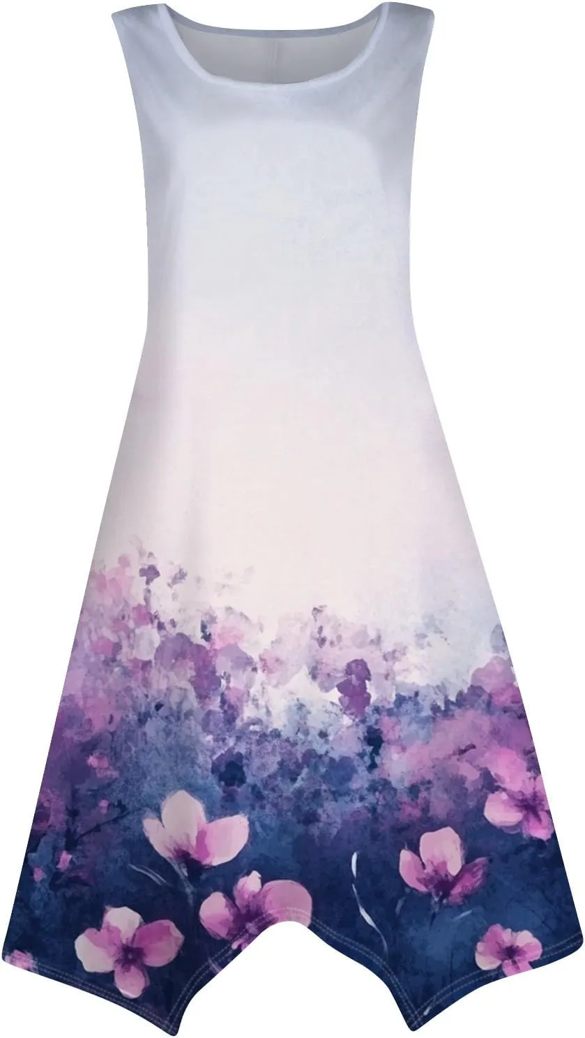 Summer Dresses for Women Summer Casual Beach Sundresses Flowy Hankerchief Hem Midi Tank Dresses Floral Sleeveless Dress