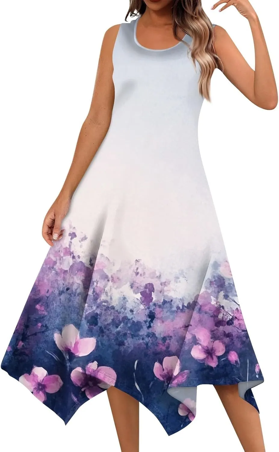 Summer Dresses for Women Summer Casual Beach Sundresses Flowy Hankerchief Hem Midi Tank Dresses Floral Sleeveless Dress