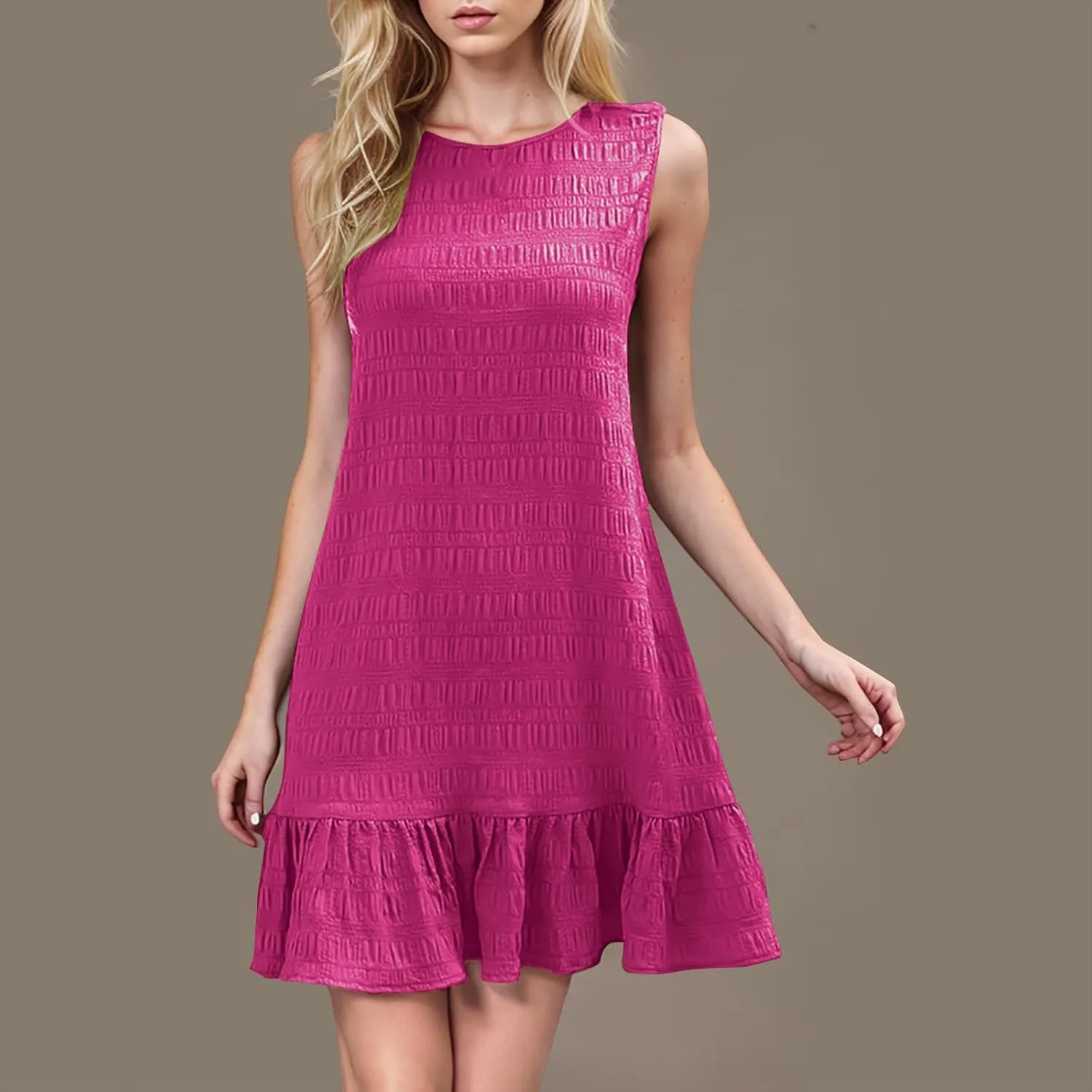 Summer Ruffle Hem Mini Dress for Women Casual Sleeveless A Line Sundress Lightweight Textured Fabric Comfy Dresses